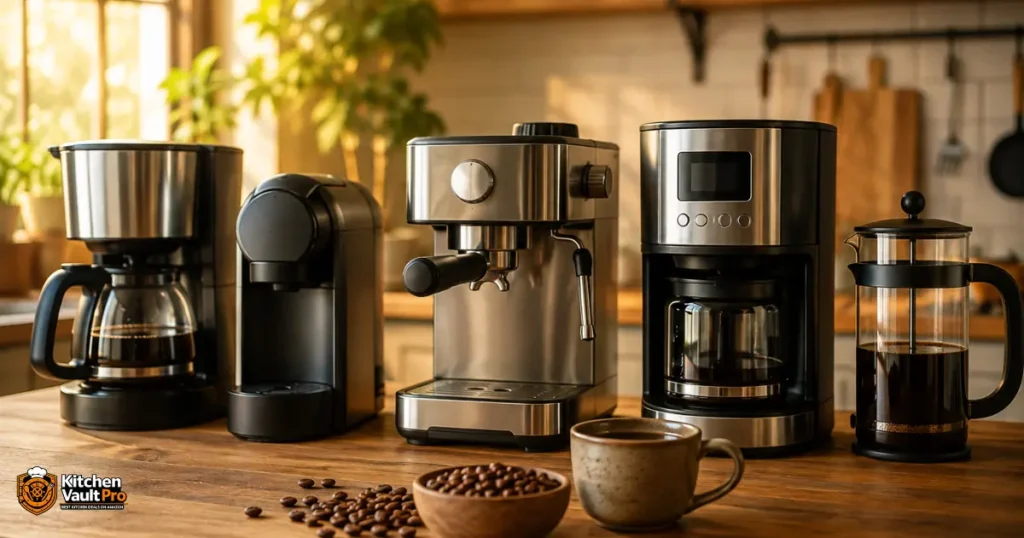 Best coffee maker for home — drip, pod, espresso, and French press machines on a kitchen counter