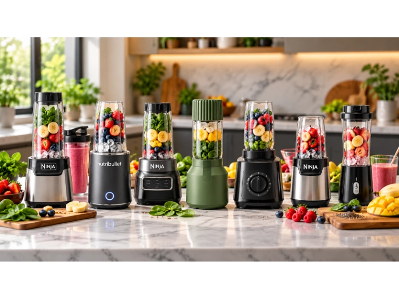 Seven personal blenders with fresh fruit and smoothies in a modern kitchen