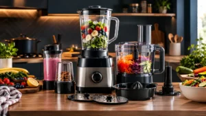 Blender food processor combo with a large blending jar, food processing bowl, and versatile kitchen attachments.