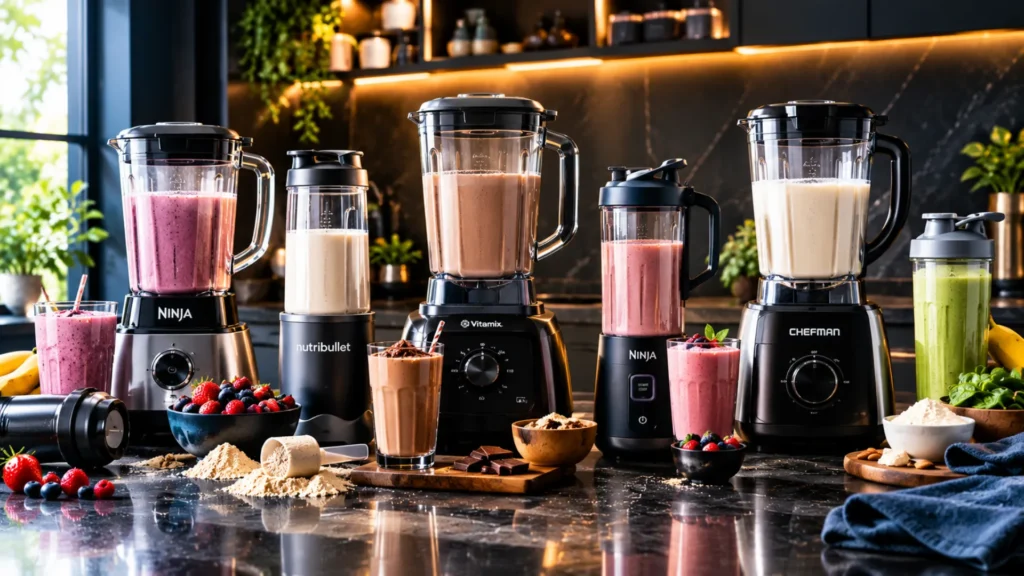 Blenders and protein shakes arranged on a kitchen counter with fruit and smoothie ingredients