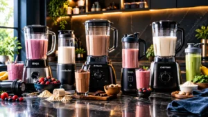 Blenders and protein shakes arranged on a kitchen counter with fruit and smoothie ingredients