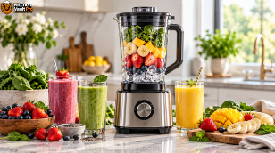 Countertop blender with fresh fruit and three smoothies in a modern kitchen