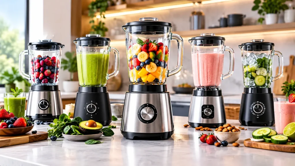 Five glass blenders with fresh fruit, green smoothies, and strawberry drinks on a modern kitchen countertop.