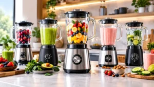 Five glass blenders with fresh fruit, green smoothies, and strawberry drinks on a modern kitchen countertop.