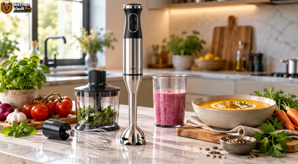 Immersion blender with soup, smoothie, whisk, and chopper in a modern kitchen